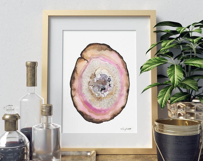 Watercolor Agate Print, Pink Agate art, Watercolor painting, Modern art, Abstract art, Geode Print, Geode Wall Art, Agate Slice, Mineral Art