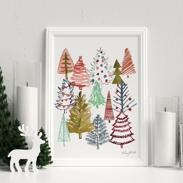 Christmas Tree Art Print, Christmas Wall Art, Seasonal Home Decor, Pastel Christmas Decor, Watercolor Christmas sign, Colorful Holiday