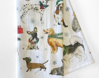 Cozy Christmas Dogs Tea Towel, Christmas Kitchen Decor, Holiday Dish Towel, Holiday Dog Decor, Christmas Dishcloth, Dog Lover Gift