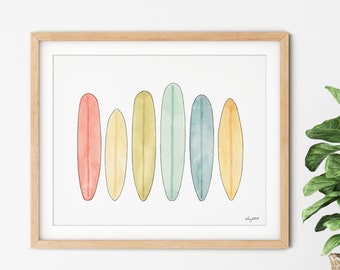 Surfboard Wall Art, Colorful Beach Surf Art, Watercolor Painting, Surfer Poster, Beach Decor, Kids Room Decor, Surfboard Decor