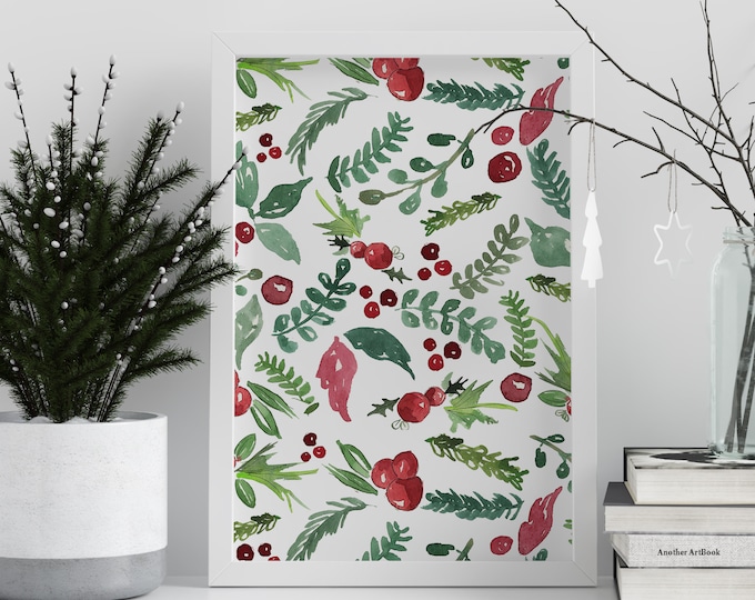 Pine Branches and Berry Art, Holiday Decor, Christmas Art Print, Watercolor Painting, Christmas Pattern Print, Holiday Wall Art