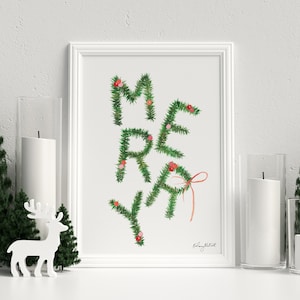 DIGITAL DOWNLOAD - Merry Holiday Print, Pine Branch, Merry Christmas Print, Holiday Decor, Christmas Print, Colorful Christmas Quote Art