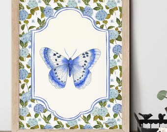 Blue Butterfly Art Print with Hydrangea Border, Watercolor Butterfly Wall Art, Botanical Insect Art, Floral Nursery Decor, Cottagecore Art