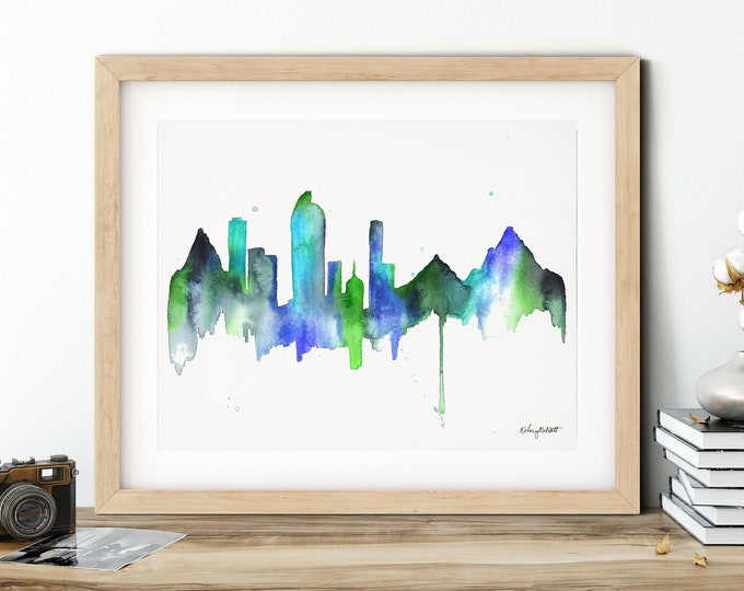 Denver Skyline, Colorao cityscape, Denver art print, Bedroom Decor, Mountain wall art, City Map Posters, Travel Gift, Watercolor Painting