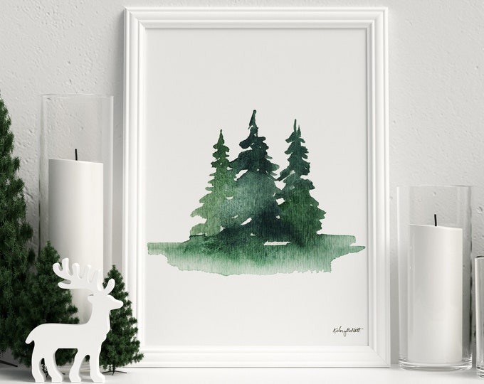Christmas Trees, Holiday Decor, Christmas Art Print, Watercolor Painting, Forest Tree Print, Holiday Wall Art, Seasonal Pine Trees Art