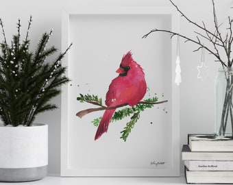 DIGITAL DOWNLOAD - Red Cardinal Christmas Card, Merry Christmas Printable, Watercolor Painting, Christmas Decor, Holiday Print Christmas Art