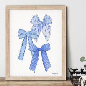 Blue Bow Wall Art, Chinoiserie Bow Watercolor Art, Coquette Decor, Blue Girls Room Decor, Preppy Girl Room, Blue Bow Nursery Decor