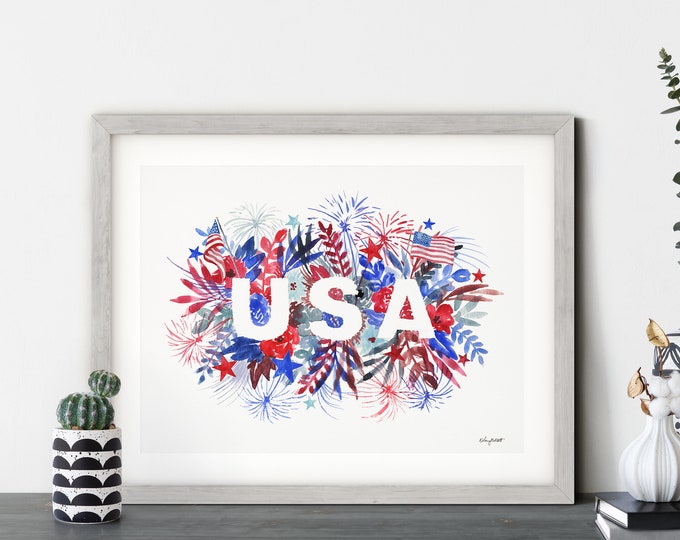 DIGITAL DOWNLOAD - USA Printable, 4th of July Print, Fourth of July Decor, Red White Blue, Stars and Stripes Art, Patriotic Print, Fireworks