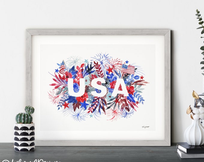 USA Print, 4th of July Painting, Fourth of July Decor, Red White Blue, Stars and Stripes Art, USA Flag, Watercolor Painting, Fireworks Art
