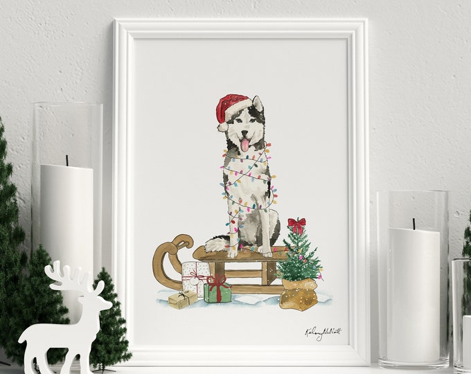 Christmas Dog Art Print, Happy Howlidays, Holiday Decor, Watercolor Painting, Husky Holiday Art, Christmas Puppy Sign, Dog Sled Decor