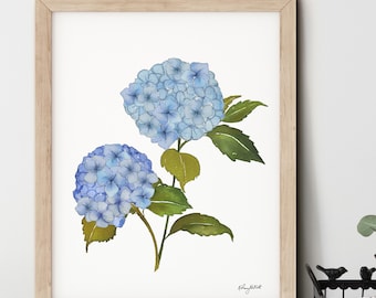 Blue Hydrangea Floral Art Print, Watercolor Hydrangea Wall Art, Hydrangea Preppy Decor, Hydrangeas Painting, Watercolor Floral Painting