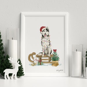 Christmas Dog Art Print, Happy Howlidays, Holiday Decor, Aquarel, Husky Holiday Art, Christmas Puppy Sign, Dog Sled Decor