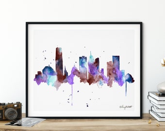 Oklahoma City skyline, Oklahoma City print, poster Oklahoma wall art, City posters, Travel gift, Office Decor, OKC watercolor painting