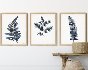 Botanical Gallery Collection prints Set of 3, Blue Herb Watercolor Painting, Fern Eucalyptus Stem Plants, Herbal Home Garden Wall Decor