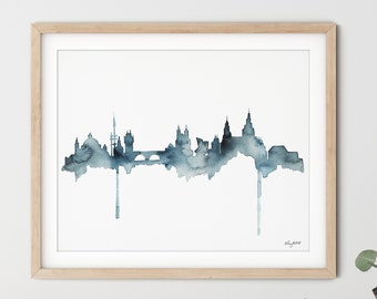 Prague Skyline Wall Art, Watercolor Painting, Czech Republic Travel Art, Charles Bridge Prague, Prague Travel Print, Prague Gift Idea