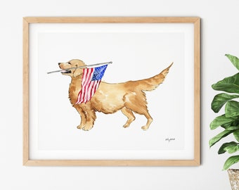 Golden Retriever 4th of July Wall Art, USA Art Print, Fourth of July Decor, Red White Blue, American Wall Art, USA Flag, Watercolor Painting