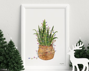 Holiday Lights Potted Snake Plant Plant, Watercolor Painting, House Plants Print, Christmas Prints, Christmas Lights, Farmhouse Christmas