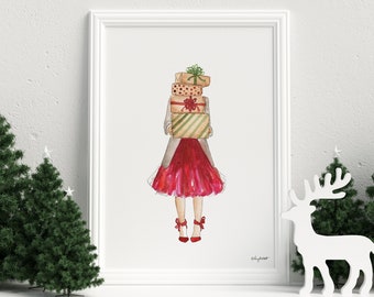 Christmas Holiday Fashion Girl, Christmas Print, Watercolor Painting, Seasonal Home Decor, Fashion Illustration, Holiday Print, Presents