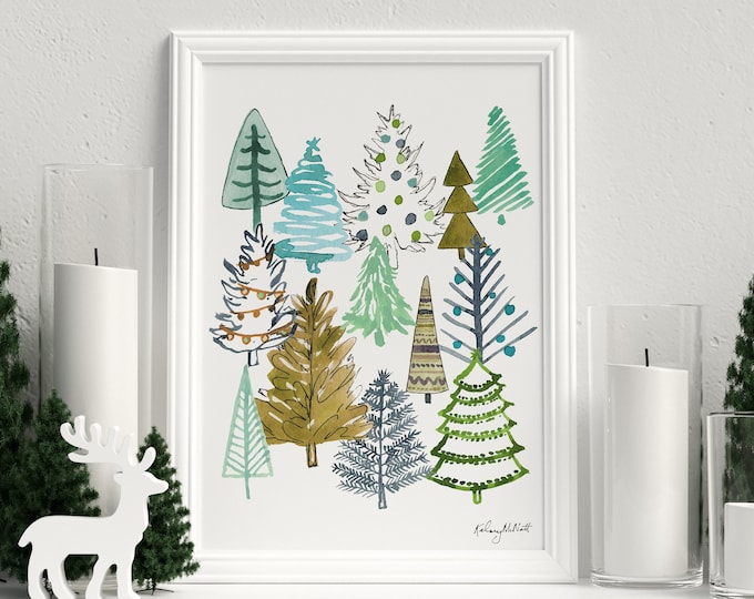 Christmas Tree Art Print, Christmas Wall Art, Seasonal Home Decor, Blue Green Christmas Decor, Watercolor Christmas sign, Colorful Holiday