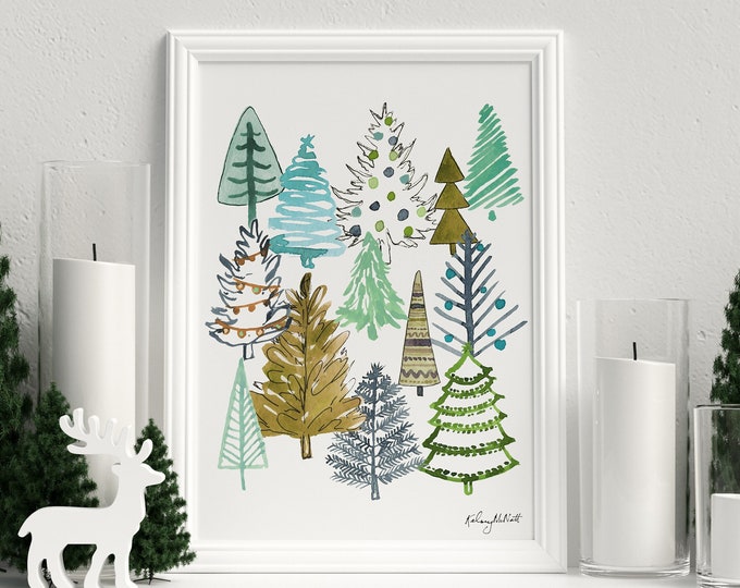 Christmas Tree Art Print, Christmas Wall Art, Seasonal Home Decor, Blue Green Christmas Decor, Watercolor Christmas sign, Colorful Holiday