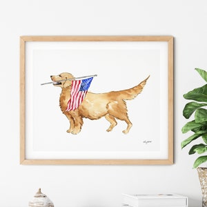 Golden Retriever 4th of July Wall Art, USA Art Print, Fourth of July Decor, Red White Blue, American Wall Art, USA Flag, Watercolor Painting