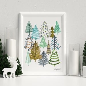 Christmas Tree Art Print, Christmas Wall Art, Seasonal Home Decor, Blue Green Christmas Decor, Watercolor Christmas sign, Colorful Holiday