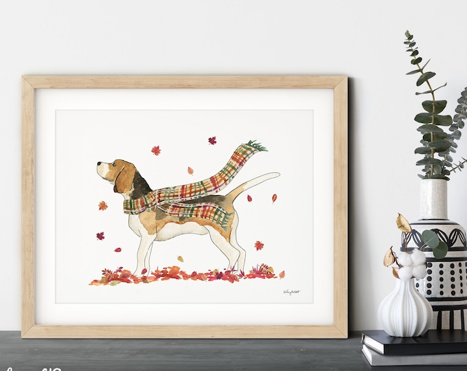 Fall Dog Wall Art, Beagle Dog Art Print, Autumn Home Decor, Foxhound Dog, Fall Wall Art, Halloween Art Print, Fall Decor, Beagle Dog Gift