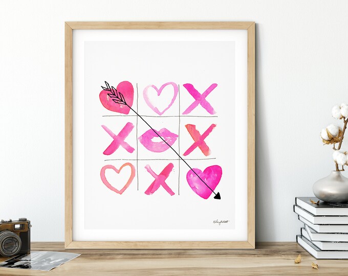 Valentines Tic Tac Toe Print, Pink Heart Print, Valentines Decor, Watercolor Valentines Sign, Love Wall Art, Be Mine, XoXo art, Kiss Lips