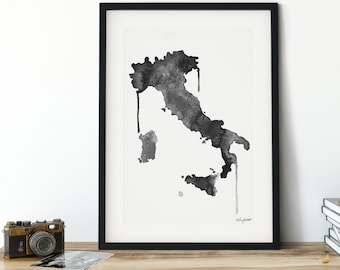 Italië Kaart, Black Aquarel Kaart Print, Italië kaart poster, Italië kaart afdrukken, Reis decor, Italië Kaart, Travel Poster, Aquarel Kaart Travel Gift