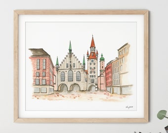 Munich Wall Art, Watercolor Painting, Munich Germany Painting, Germany Landscape Art Print, Travel Art, Munich Poster, Munich Marienplatz