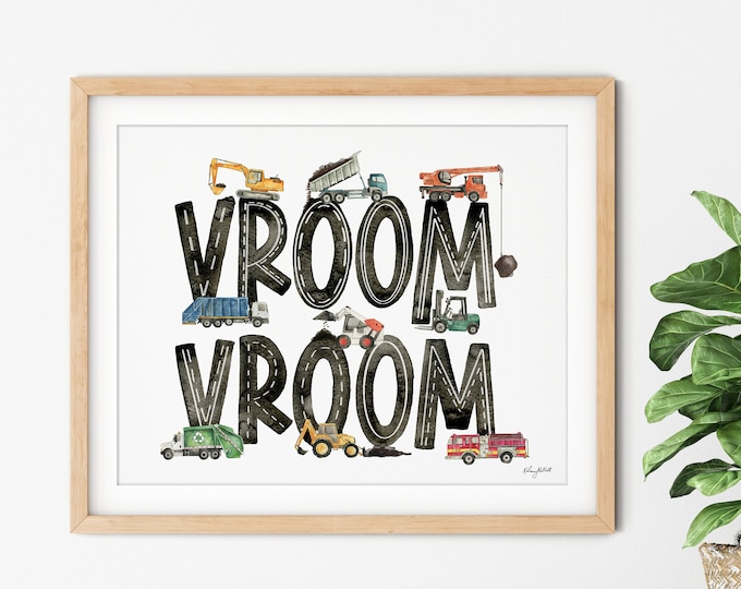 Vroom Vroom Truck Wall Art, Construction Truck Chart Print, Transportation Vehicle Wall Art, Trucks Nursery Decor, Vehicle Toddler Boy Room
