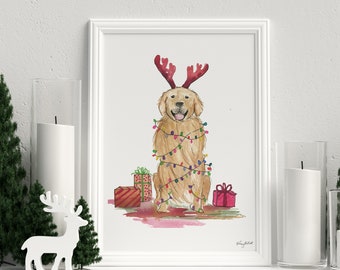 Christmas Dog Art Print, Happy Howlidays, Holiday Decor, Watercolor Painting, Golden Retriever Holiday Art, Christmas Puppy Sign