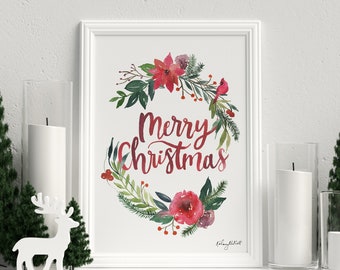 Merry Christmas Floral Wreath Art, Botanical Holiday Decor, Christmas Art Print, Watercolor Painting, Poinsettia Flowers, Botanical Wreath