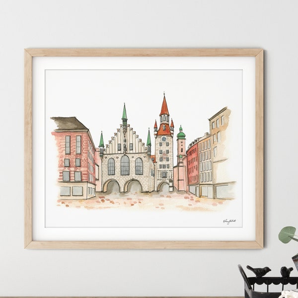 Munich Wall Art, Watercolor Painting, Munich Germany Painting, Germany Landscape Art Print, Travel Art, Munich Poster, Munich Marienplatz