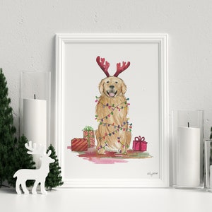 Christmas Dog Art Print, Happy Howlidays, Holiday Decor, Watercolor Painting, Golden Retriever Holiday Art, Christmas Puppy Sign