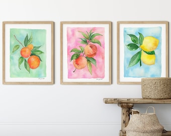 Kitchen Fruit Print Set, Watercolor Painting, Farmhouse Decor, Gallery Wall Set, Set of 3, Peach, Orange, Lemon, Kitchen Decor, Fruit Print