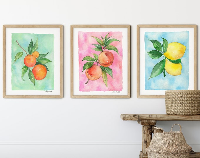 Kitchen Fruit Print Set, Watercolor Painting, Farmhouse Decor, Gallery Wall Set, Set of 3, Peach, Orange, Lemon, Kitchen Decor, Fruit Print