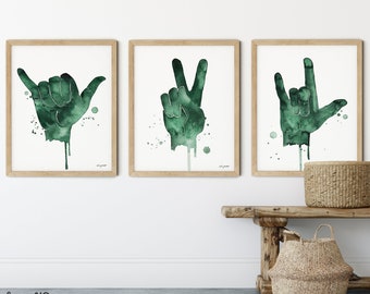Set of 3 Peace Sign, I Love You Sign, Shaka Sign, Love Sign Language, Peace Print, Watercolor Painting, Kids Room Decor, Love Nursery Art