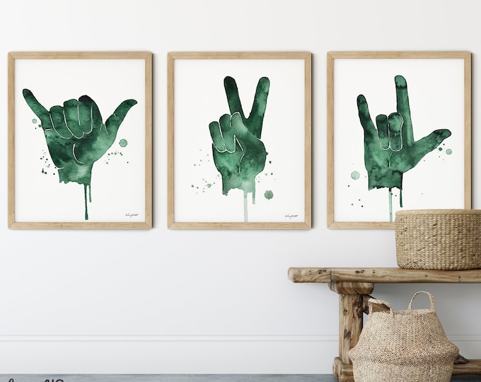 Set of 3 Peace Sign, I Love You Sign, Shaka Sign, Love Sign Language, Peace Print, Watercolor Painting, Kids Room Decor, Love Nursery Art