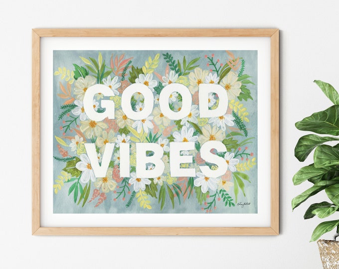 Good Vibes Wall Art, Pastel Floral Art Print, Watercolor Painting, Nursery Decor, Floral Letters Botanicals Wall Art, Kids Room Wall Decor