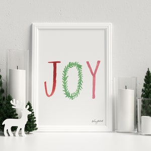 DIGITAL DOWNLOAD - Joy Printable, Colorful Joy Christmas Wreath Print, Holiday Decor, Pastel Christmas Art, Watercolor Holiday Wall Art