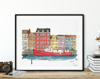 Copenhagen Denmark Wall Art, Watercolor Painting, Copenhagen Nyhavn Harbour Painting, Landscape Art Print, Travel Art, Scandinavian Art