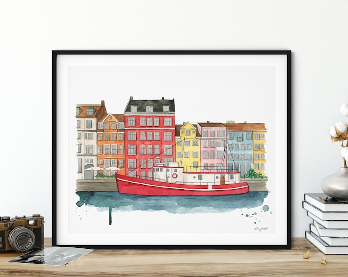 Copenhagen Denmark Wall Art, Watercolor Painting, Copenhagen Nyhavn Harbour Painting, Landscape Art Print, Travel Art, Scandinavian Art