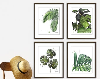 Palm Leaves Gallery Wall Set, Palm Prints Set of 4, Green Palm Watercolor Painting, Botanical Prints, Plants, Palm Home Tropical Wall Decor