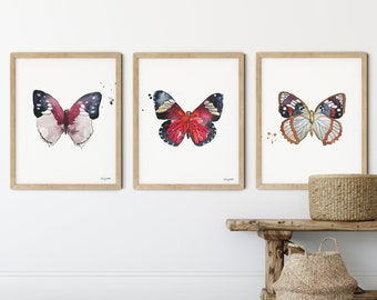Set of 3 Butterfly Prints, Butterfly Nursery Decor, Butterflies Gallery Wall Art, Watercolor Painting, Insect Print, Nature Butterfly Art