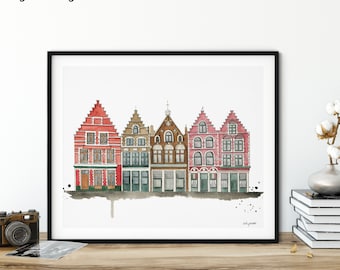 Bruges Belgium Wall Art, Watercolor Painting, Bruges City Center Painting, Landscape Art Print, Travel Art, Bruges Poster, Belgium Buildings
