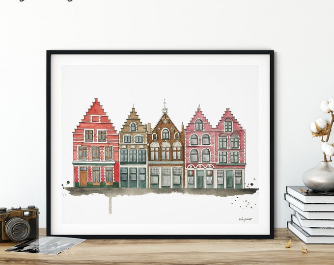 Bruges Belgium Wall Art, Watercolor Painting, Bruges City Center Painting, Landscape Art Print, Travel Art, Bruges Poster, Belgium Buildings