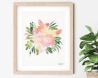 Floral Peony Print, Watercolor Painting, Peonies Wall Art, Blush Pink flower illustration, Girl Nursery Decor Kids room Print, Botanical Art