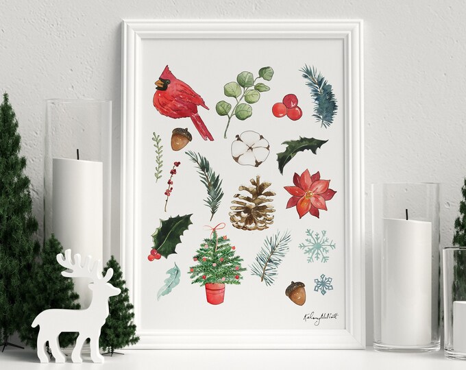 Christmas Nature Art Print, Christmas Cardinal Wall Art, Seasonal Home Decor, Poinsettia Christmas Decor, Watercolor Painting, Pine Branches