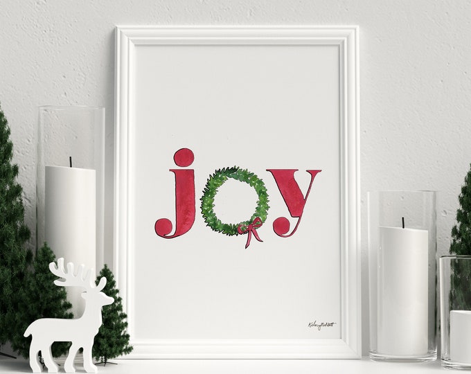 Joy Christmas Wreath Print, Holiday Decor, Joy Christmas Art Print, Watercolor Painting, Red Joy Christmas, Holiday Wall Art, Christmas Sign